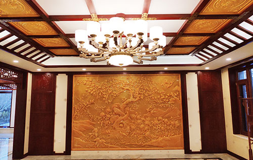 丰泽中式别墅客厅中式木作横梁吊顶装饰展示