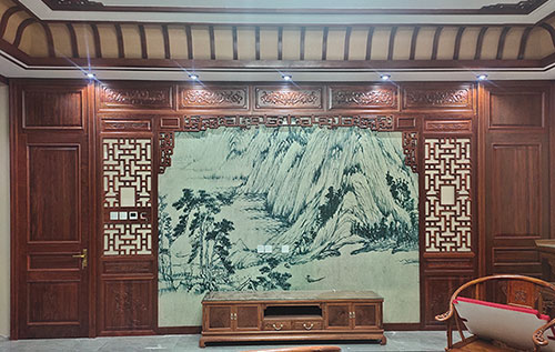 丰泽中式仿古别墅客厅背景墙花格木作装饰